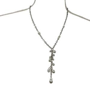 C 1946 Silver Tone Faux Pearl Necklace Drop Dangle